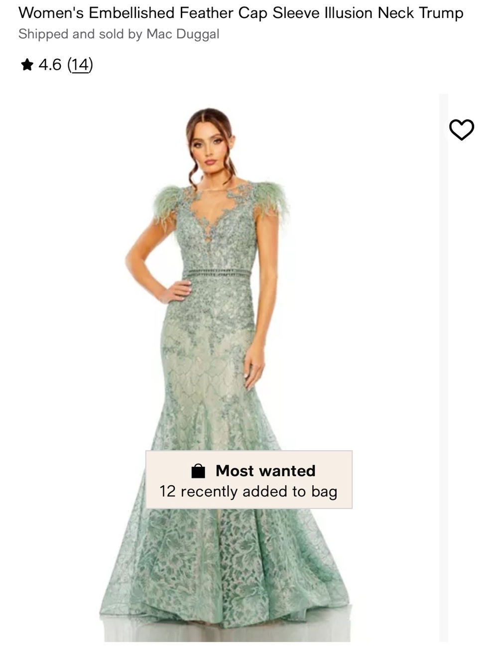 Mac Duggal Sage Green Embellished Feather Cap Sleeve Illusion Neck Gown